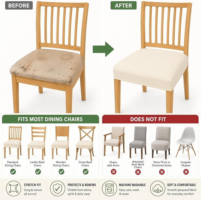 NILUOH Waterproof Seat Covers for Dining Room Chairs Set of 4, Stretch Jacquard Chair Seat Slipcovers Dining Chair Cover Removable Washable Chair Protctor Cover, Rear Covers (Beige)