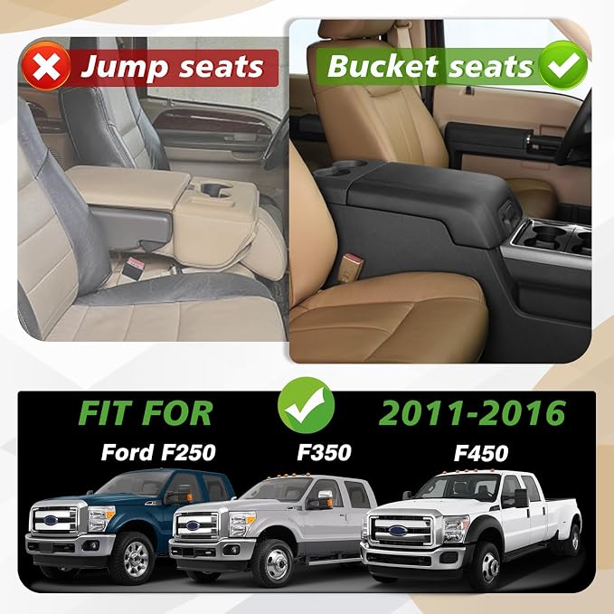 Muslogy Center Console Armrest Cover Fit for Ford F250 F350 F450 2011-2016 Super Duty Accessories, Comfort Armrest Pad Console Lid Cushion Vegan Leather Regular Thick(Bucket Seat ONLY)