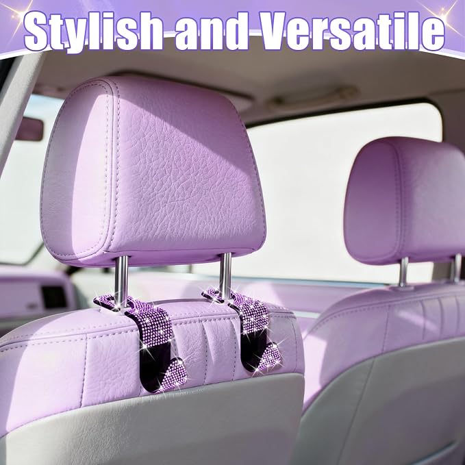 BFXM 6 Pack Bling Car Seat Headrest Hooks, Rhinestone Purse Hook for Car, Universal Storage Organizer for Handbag Grocery Bags Coats, Bling Car Accessories for Women (Bling Purple)