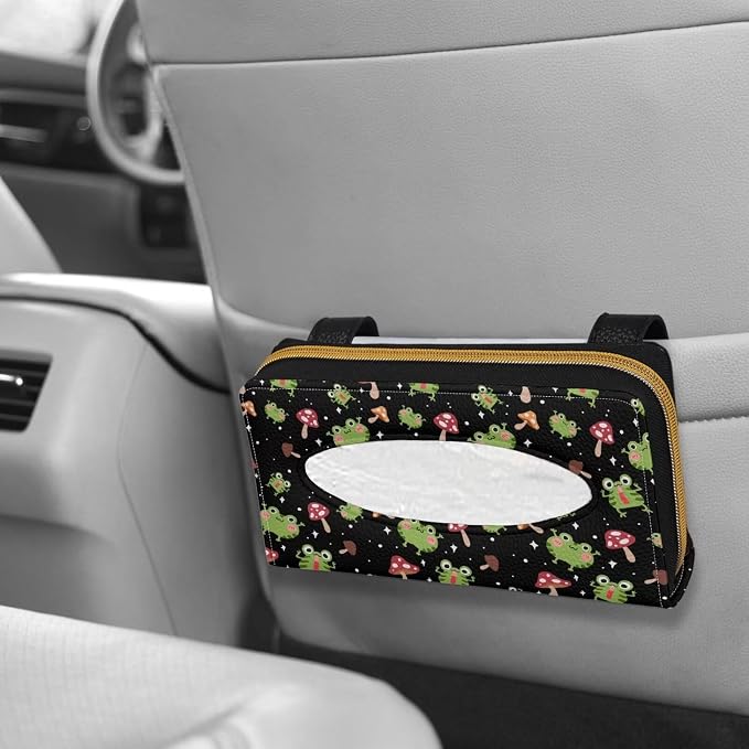 Frog Mushroom Leather Tissue Holder Car Mask Holder PU Leather Car Standard Tissue Holder Durable Visor Tissue Holder Car Visor Accessories Universal Fit Most Cars