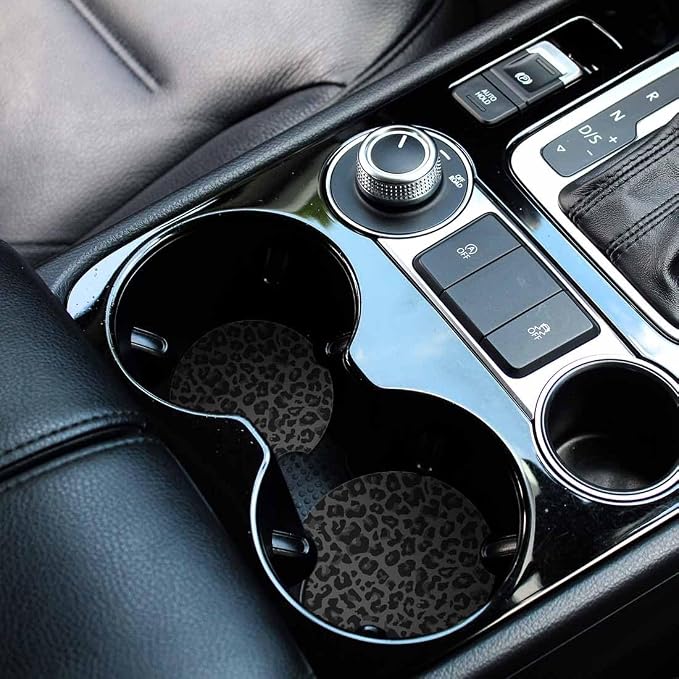 Leopard Skin Spots Car Cup Holder Coaster 2 Pack Absorbent Ceramic Car Coasters for Cup Holders Car Accessories Interior for Women Men Universal Anti Slip Cork Base Cup Coasters with Finger Notch