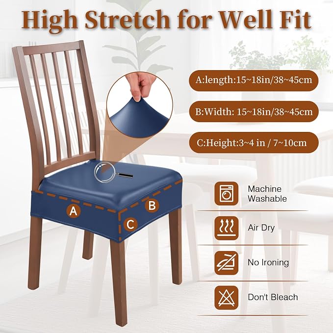 Waterproof Dining Chair Seat Covers Leather Kitchen Seat Covers, Stain Resistant Stretch Chair Seat Covers for Dining Room Chairs Set of 4, Rear Covered Washable Dining Chair Covers Navy