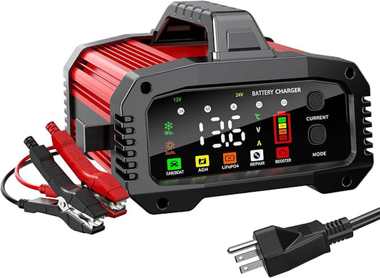 Battery Charger 25A Smart Trickle Charger Maintainer 12V/24V LiFePO4 | Car battery charger Lead Acid Compatible with Temperature Compensation for Car Truck Motorcycle Lawn Mower Boat