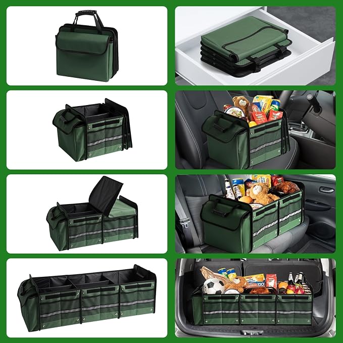 Snuopfy Car Trunk Organizer,115L Heavy Duty Collapsible Trunk Storage, with Insulated Leakproof Cooler Bag Vehicle Cargo Organizer with Lid, 3 Compartments, Straps For Car,Suv,Jeep,Sedan-Green