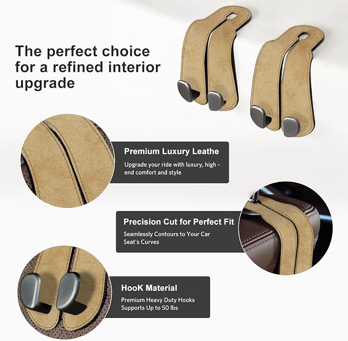 CoBak Purse Hook for Car - Universal Premium Stitched Leather and Aluminum-Magnesium Alloy Double Car Seat Back Storage Hook for Purses, Handbags, Bags (2 Pack),Linen