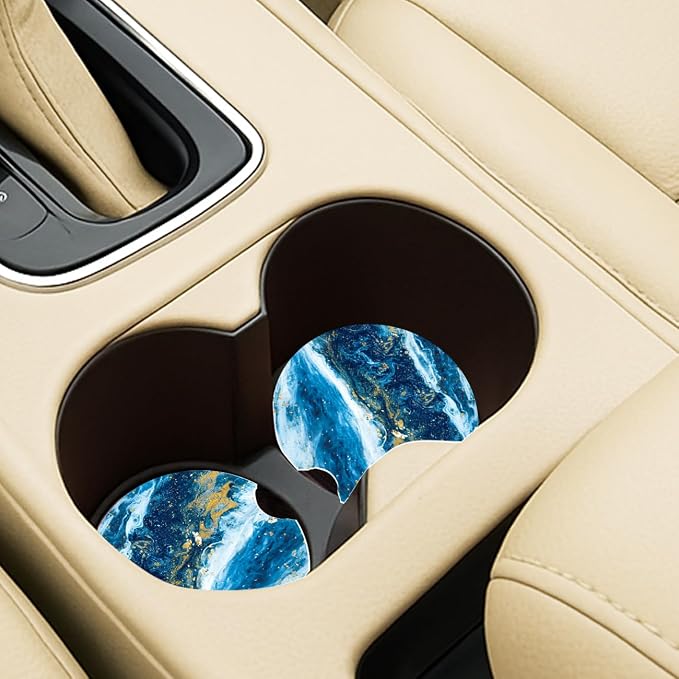 Ceramic Car Coasters – Absorbent Car Cup Holder Coaster Set for Women, Cute Aesthetic Car Accessories for Girls, 2 Pack (Sapphire Night)
