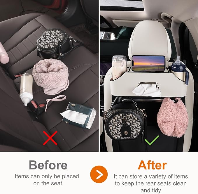 Car Rear Backseat Extra Multifunctional Drink Cup Holder Organizers with Tissue Storage Box Organizer & Hooks for Car Seat Back. White