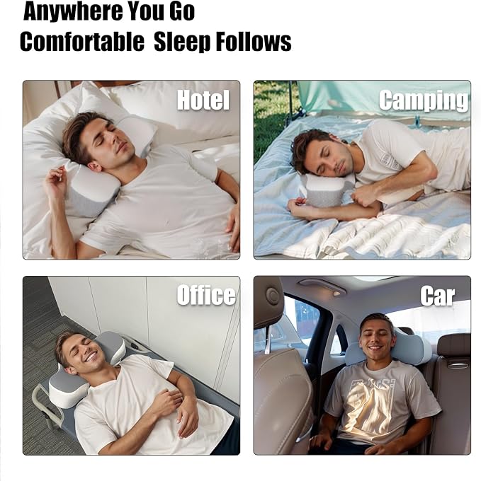 Bespilow Travel Cervical Pillow for Bed Sleeping, Small Memory Foam Neck Pillow with Cooling Washable Cover, Compact Ergonomic Neck Support Pillows for Car Camping, RV, Road Trip & Passenger Seat
