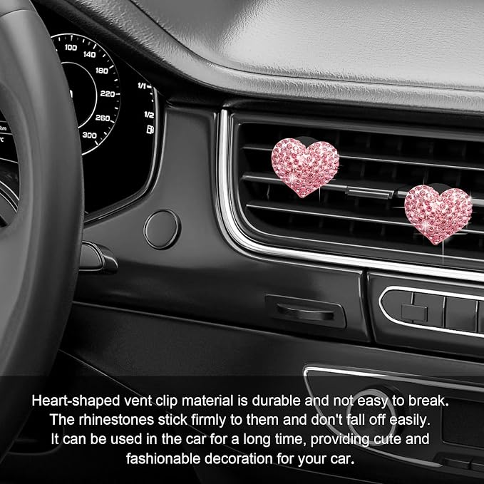 2Pcs Bling Crystal Heart Charms Car Vent Clips - Air Conditioning Outlet Decorative Accessories for Women and Men (Pink)