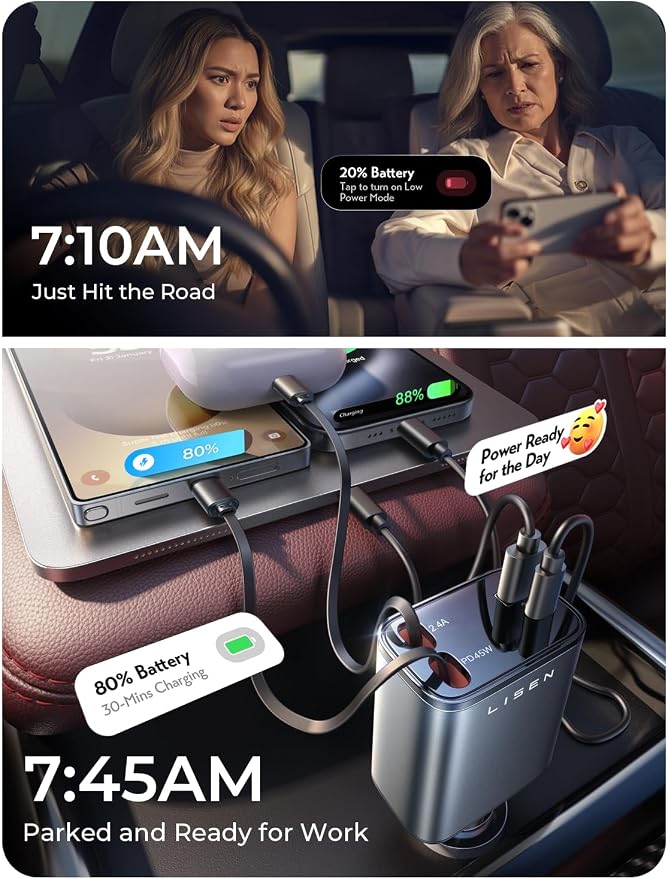LISEN Retractable Car Charger, 84W Car Charger USB C Fast Charger Adapter, Car Accessories for Men Women, Gifts for Fathers Day for Men Dad Husband, for iPhone 17 16 15 14 13 12 Pro Max, Christmas | Multiple Ports Car Charger, Retractable Car Charger F...