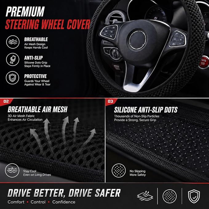 Mesh Ice Silk Cooling Car Steering Wheel Cover for Men Women,Summer Universal Breathable Stretch Anti-Slip Wheel Cover 14.5-15" for Cars, Trucks, Pickups, SUVs (Black)