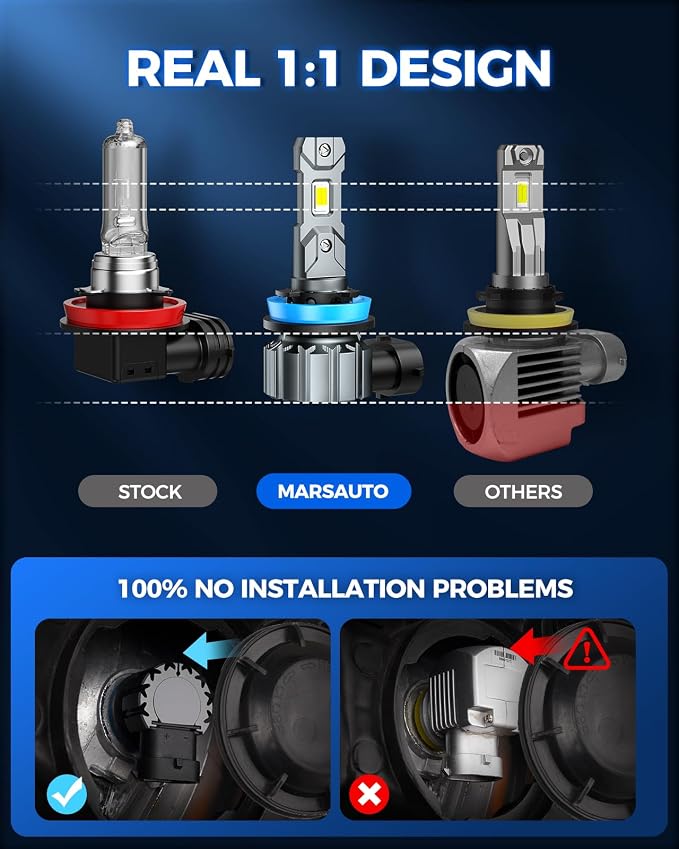Marsauto H11/H9/H8 9005/HB3 Light Bulbs, 60,000LM Super Bright, Plug and Play, 9005 H11 Light Bulbs, Powersports Accessory Lights, Pack of 4