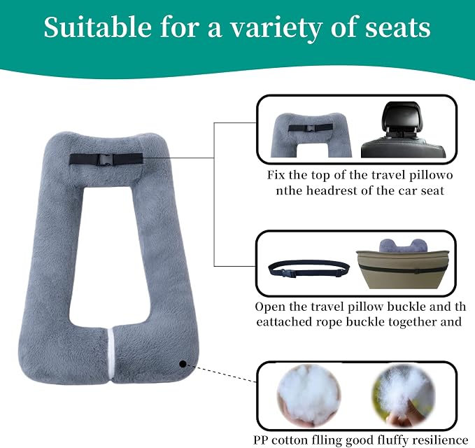 FHSGGP Travel Pillow Upgraded Version of Aircraft Travel Neck Pillow | With Storage bag, Sleep Pillows for Travel by Train, Car, or Plane, Supporting the Head and Body, Travel Pillow for Kids Grey