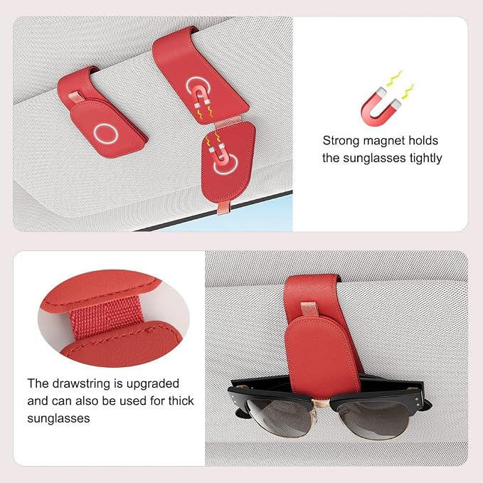 Sotfamily Sunglass Holder for Car Visor, Red, 2 Packs | Suede Cloth, Magnetic, Organizer for Car Accessories