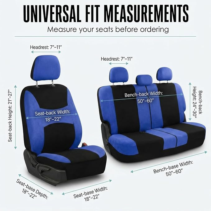 FH Group Full Set Cloth Car Seat Covers , Universal Fit Combo Set with Steering Wheel Cover and Seat Belt Pad for Cars, SUVs and Trucks, Blue