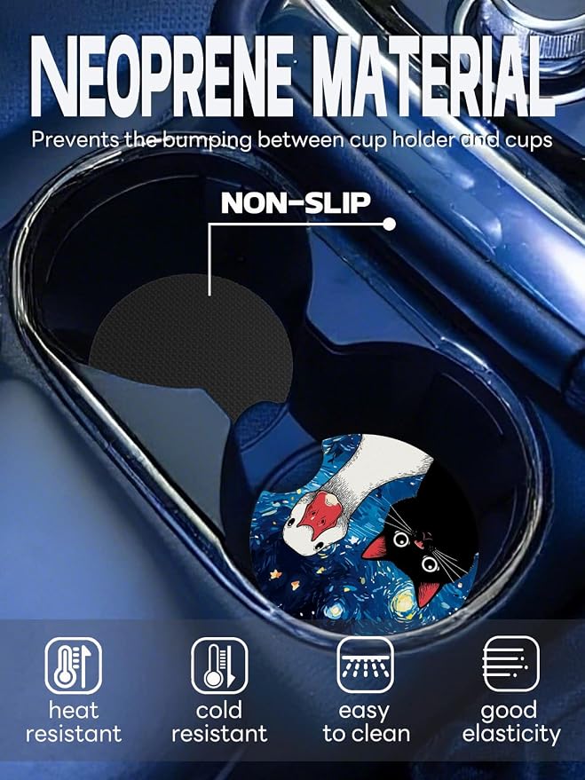 WOCOCN Car Coasters,Cup Holder Coasters for Car,2.75inch Anti Slip and Absorbent,Cute Automotive Interior Accessories for Cup Holder,Pack of 2 (Cat and Goose)