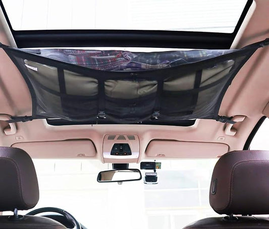 Car Ceiling Cargo Net Pocket 31"x21" Double-Layer Roof Storage for SUV Van | Heavy-duty nylon 31"x21" double-layer ceiling net, fits 4-handle SUVs & vans, holds gear for camping, road trips & van life