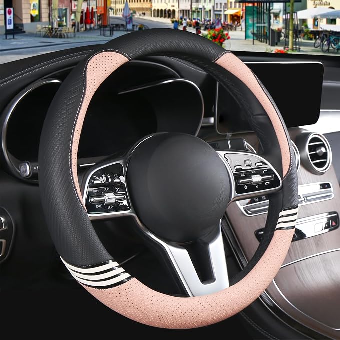 15 inch Cute Leather Steering Wheel Cover Black and Pink | Breathable Non-Slip Faux Leather and Carbon Fiber Car Accessories for Women Men Universal 14.5 inch to 15 inch