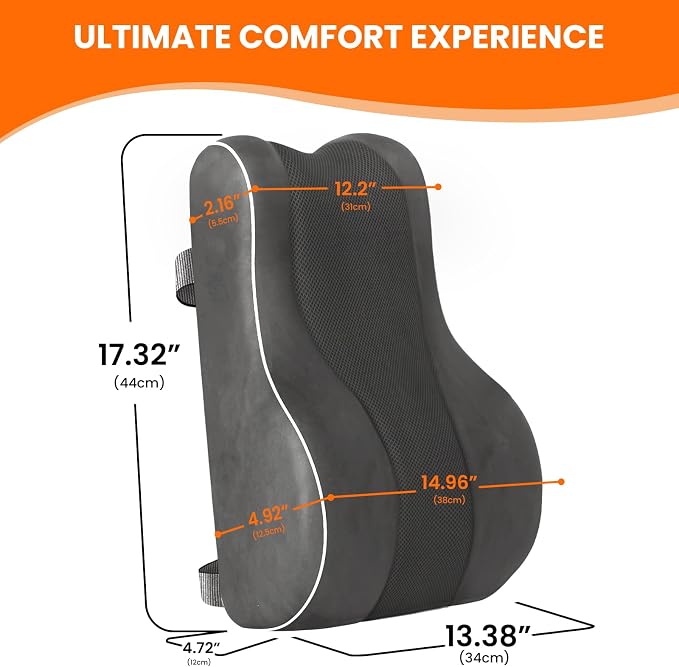 CloudBliss Ergonomic Lumbar Support Pillow Seat Cuhsion - Memory Foam for Lower Back Pain Relief, Adjustable Straps & Mesh Cover for Office, Gaming, Car Seat (Medium, Grey)