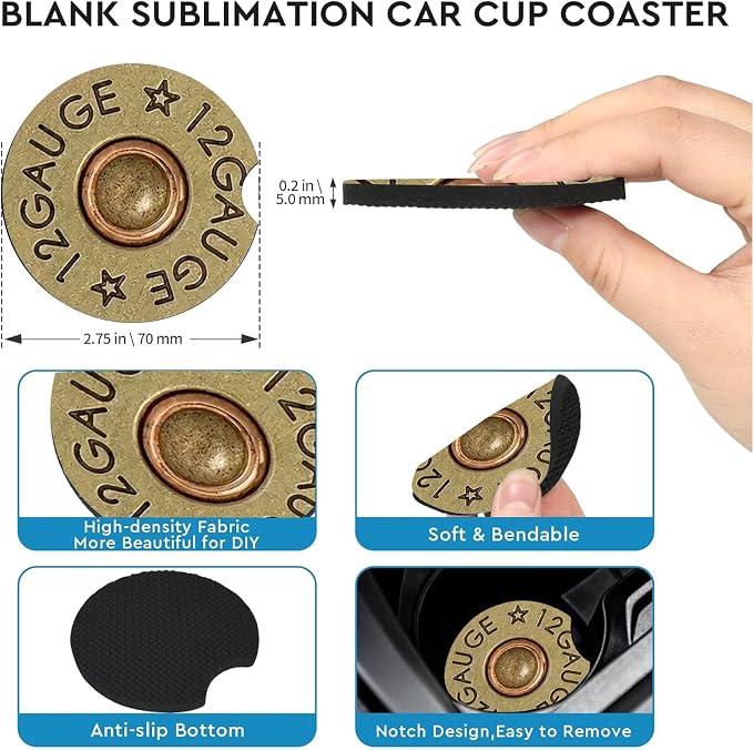 2 Pack Cool 12 Gauge Bullet Car Cup Holder Coasters Universal Neoprene | 2.75" Universal Size Anti Slip Rubber Mat, Auto Cup Holder Accessories for SUV Truck, Bullet Gifts for Men Dad