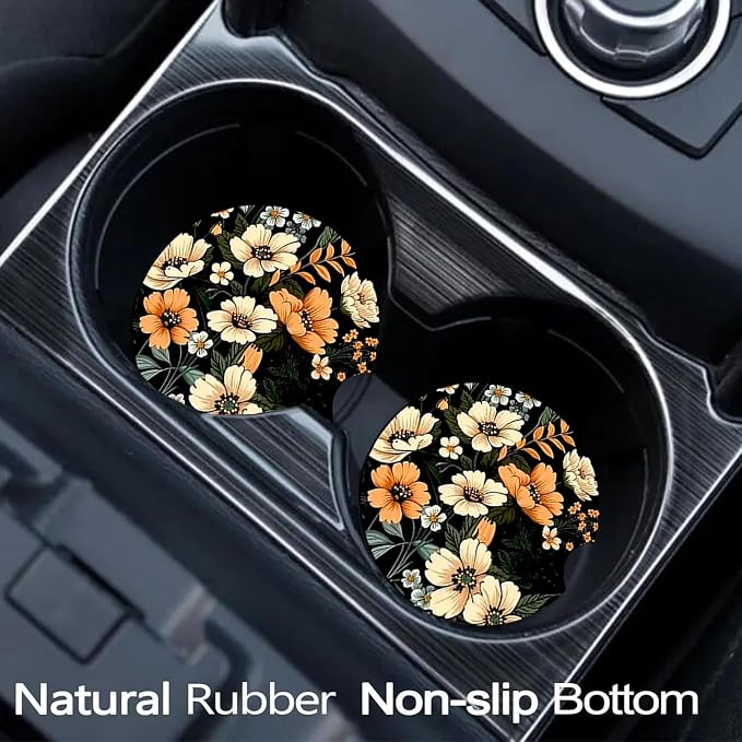 2 Pack Flowers Car Cup Holder Coasters Universal Neoprene Coasters | 2.75" Universal Size Anti Slip Rubber Mat, Auto Cup Holder Decor Accessories for SUV Truck, Flower Gifts for Women Men Mom
