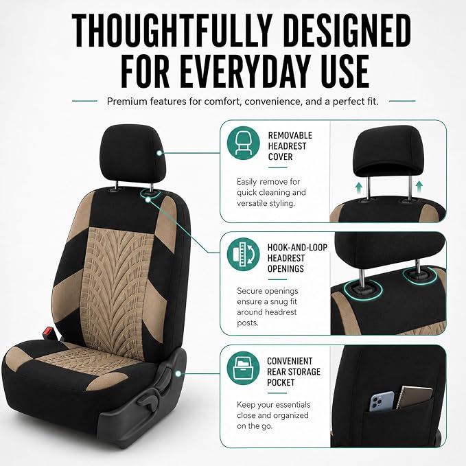 FH Group Car Seat Covers Full Set Premium Cloth - Universal Fit, Automotive, Low Back Front Washable Seat Covers, Airbag Compatible, Split Bench Rear Seat for SUV, Sedan Beige