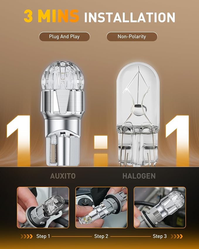 OXILAM 194 LED Bulb Amber Yellow, T10 168 2825 W5W LED Replacement, 700% Brighter Non-Polarity for License Plate Dome Map Door Courtesy Trunk & Side Marker Lights, Pack of 2