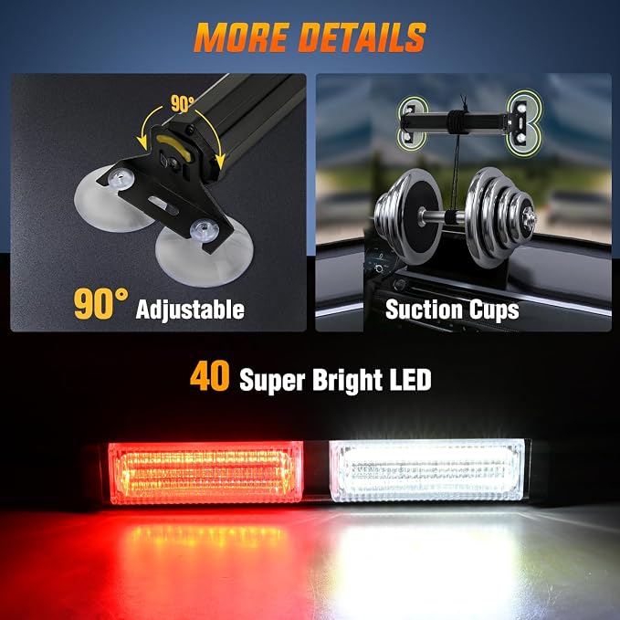 Nilight 40LED Red White Emergency Strobe Traffic Advisor Light Bar with Suction Cups Dash Safety Warning Hazard Flashing Lights Interior Front/Rear Windshield for Trucks Construction Vehicles