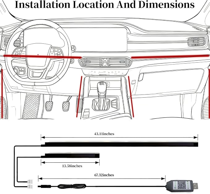 DIBMS APP Controlled RGB Car Interior Light Strip, 43.3 Inches Acrylic Auto Ambient Lighting Kit with Dreamcolor Chasing, Center Console Dashboard Lamps with APP Remote Control
