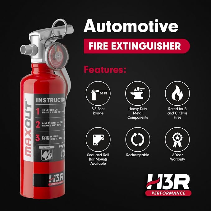 MaxOut Compact Fire Extinguisher for Vehicles – Cars, Trucks, UTVs, RVs & Boats | Off-Road Ready | Refillable Purple K Dry Chemical | Class BC | Mounting Bracket | UL Listed | Red 1.0 lb