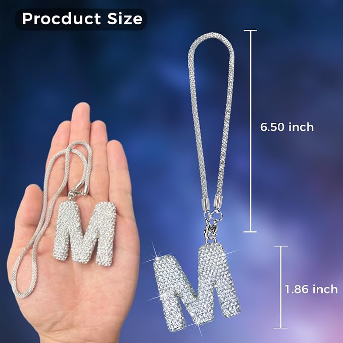 Bling Car Letter Charm, Rear View Mirror Ornament Cute Hanging Crystal Pendant Bling Car Accessories, Lucky Diamond Rhinestone Women Charm Auto Decoration (White M)