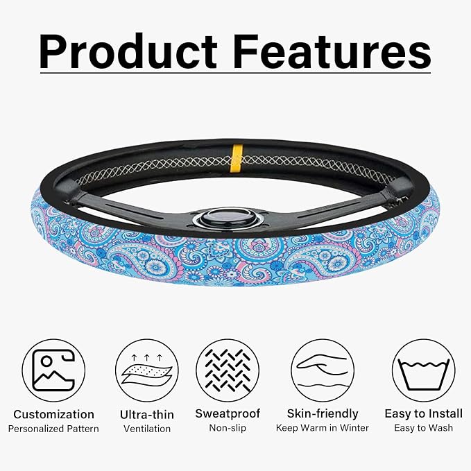 Blue Bohemian Pattern Steering Wheel Cover, Cute Print Steering Wheel Cover Protector, Ultra Thin Breathable Non-Slip, Car Accessories for Women, for Steering Wheel with a Diameter of 14.5"-15"