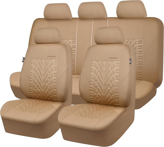 CAR PASS Car Seat Covers Full Sets, Front & Split Rear Bench for Car, 3D Tyre Embossed Automotive Interior Covers, Airbag Compatible, Quick Setup Universal Fit Seat Covers for Car, SUV(All Beige)