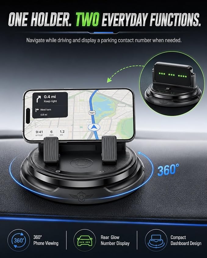 Car Phone Holder 360 Degree Rotation Navigation Mount Splendid Dashboard Windshield Accessories for Women Rotating Soporte De Telefono para Carro Grip Anti-Slip Grips(Glow Number Edition)