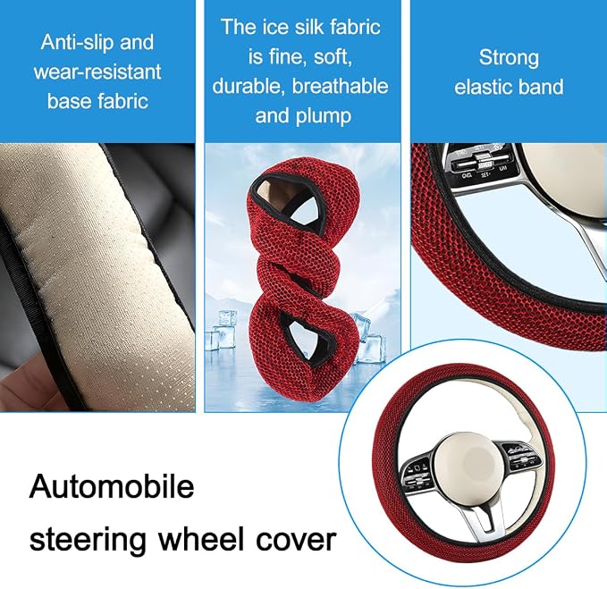 Elastic Stretch Car Steering Wheel Cover, Soft Breathable Ice Silk Steering Wheel Protector, Anti-Slip Automotive Interior Accessories, Universal for Sedan, Truck, Van (Red)
