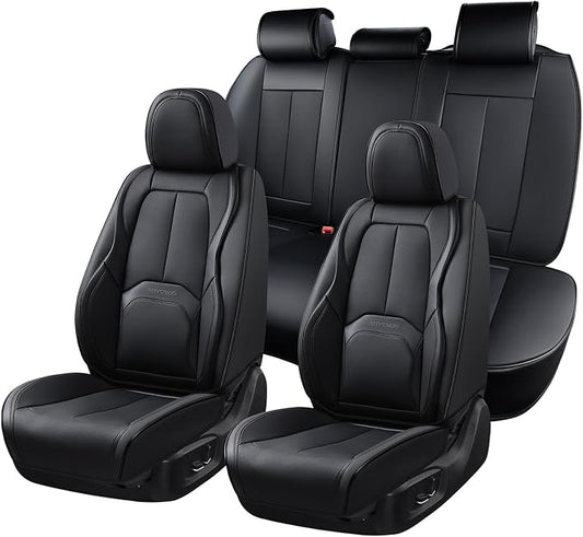 Coverado Car Seat Covers Full Set, Premium Nappa Leather Seat Covers for Car, Waterproof Car Seat Protector with Lumbar Support, Automotive Seat Covers Universal Fit for Most Cars SUV Truck(Black)