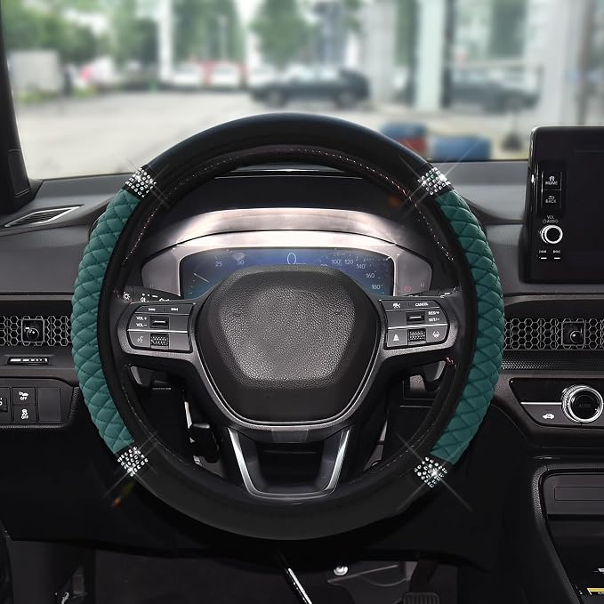 Bling Soft Leather Steering Wheel Cover, 15 Inch Colorful Rhinestones Auto Elastic Steering Wheel Protector for Women Girls, Car Accessories Anti Slip Steering Wheel Cover for Cars, SUVs (Dark Green)