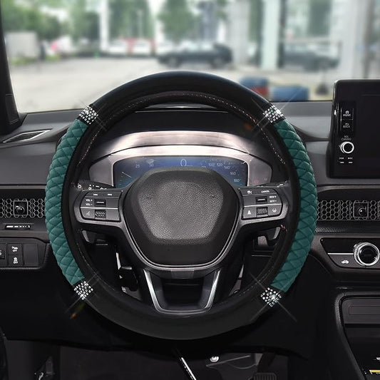 Bling Soft Leather Steering Wheel Cover, 15 Inch Colorful Rhinestones Auto Elastic Steering Wheel Protector for Women Girls, Car Accessories Anti Slip Steering Wheel Cover for Cars, SUVs (Dark Green)