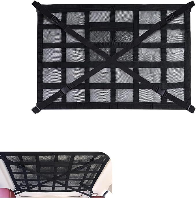 WZP Car Ceiling Cargo Net, 31.5" x 20.9" Double-Layer Mesh Car Roof Storage Ceiling Cargo Net with Adjustable D-Buckle, Universal Auto Accessories for SUVs, Road Trips, Camping Essentials