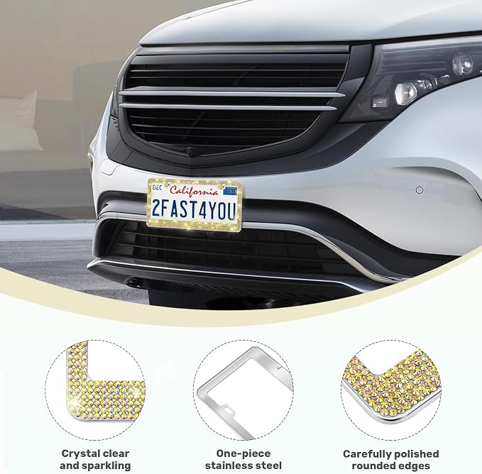 QUANQIUFEI 2 Pack Bling License Plate Frames, Sparkly Rhinestone Diamond Car License Plate Cover for Women, Stainless Steel Car Accessories with Glitter Crystal Caps (Golden)
