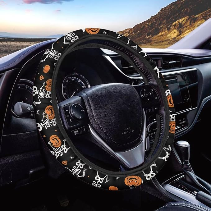 AFPANQZ Universal Fit Car Steering Wheel Cover Stretch-on Comfortable Grip | Funny Skull Pumpkin Print, Sweat Absorption Comfort Grip for Driver Women Men, Halloween Decor