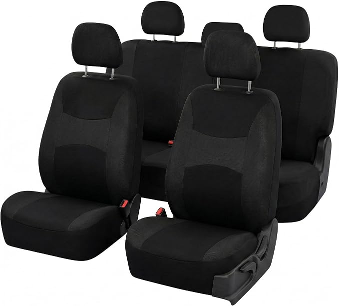 FH Group Universal Car Seat Covers Full Set for SUV Truck Sedan Vans | All-Purpose Cloth Seat Cover Set Airbag Compatible Washable Split Bench Protector Interior Upgrade - Black