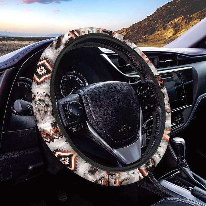 Wanyint Car Steering Wheel Cover Universal 15 Inch Steering Wheel Wrap Anti-Slip Soft Elastic Decorative Auto Accessories All Weather Protection, Aztec Gray Leopard Print