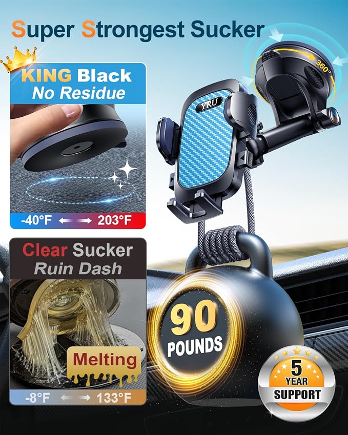 YRU True Military-Grade [360° Rotation Suction] 2026 Ultimate Car Phone Holder Mount【90+LBS Safest Strongest & Patent Certs】 Dash Windshield for iPhone 17 16 Pro Max Speakerphones, Royal Blue