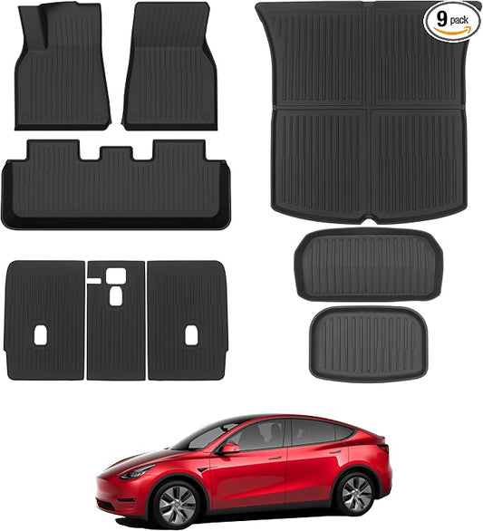 Floor Mats for 2021-2024 Tesla Model Y, 9PCS All Weather Full Set Cargo Liners Accessories, 3D TPE Odorless Trunk Frunk Rear Well Mats Custom for 5-Seater(Not Fit 7Seat & 2025-2026 Juniper)