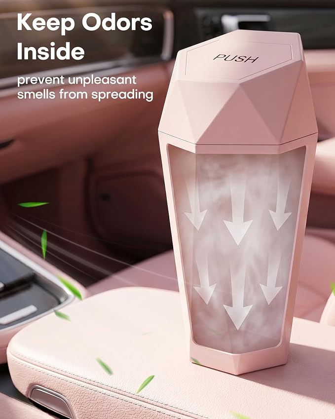 HOTOR Car Trash Can with Lid - 2 Pack, Car Accessories for Interior, Leakproof Vehicle Garbage Can with 30 Attached Trash Bags, Multipurpose Organizers and Storage for Home, Office, Pink