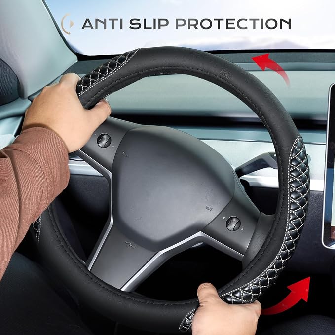 Coverado Car Steering Wheel Cover, Nappa Leather Black & Grayline Steering Wheel Covers, Universal 14-15 inch, Anti-Slip, Breathable Steering Wheel Protector for Women Men