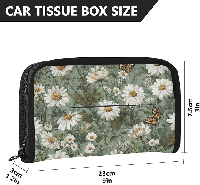Car Visor Tissue Holder Mask Holder for Car, Car Tissue Box Sun Visor Napkin Holder Car Visor Accessories Adjustable Straps Reusable Durable Easy to Install Summer Daisy Butterfly Green