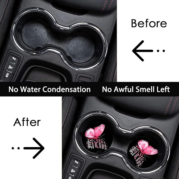 2 Pack Pink Butterfly Car Cup Holder Coasters Universal Neoprene Coasters | 2.75" Universal Size Anti Slip Rubber Mat, Auto Cup Holder Accessories for SUV Truck, Butterfly Gifts for Women Men Mom