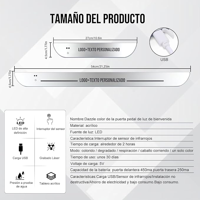 Custom LED Car Door Sill Light with Personalized Logo/Text | USB Rechargeable Auto Sensor Welcome Pedal Light | 7 Colors 12 Modes | Universal Fit for Car Interior Accessories